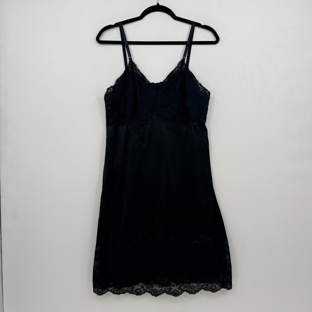 Vanity Fair Slip Dress Women 36 Small Black Lace Trim Vintage Coquette Dollette